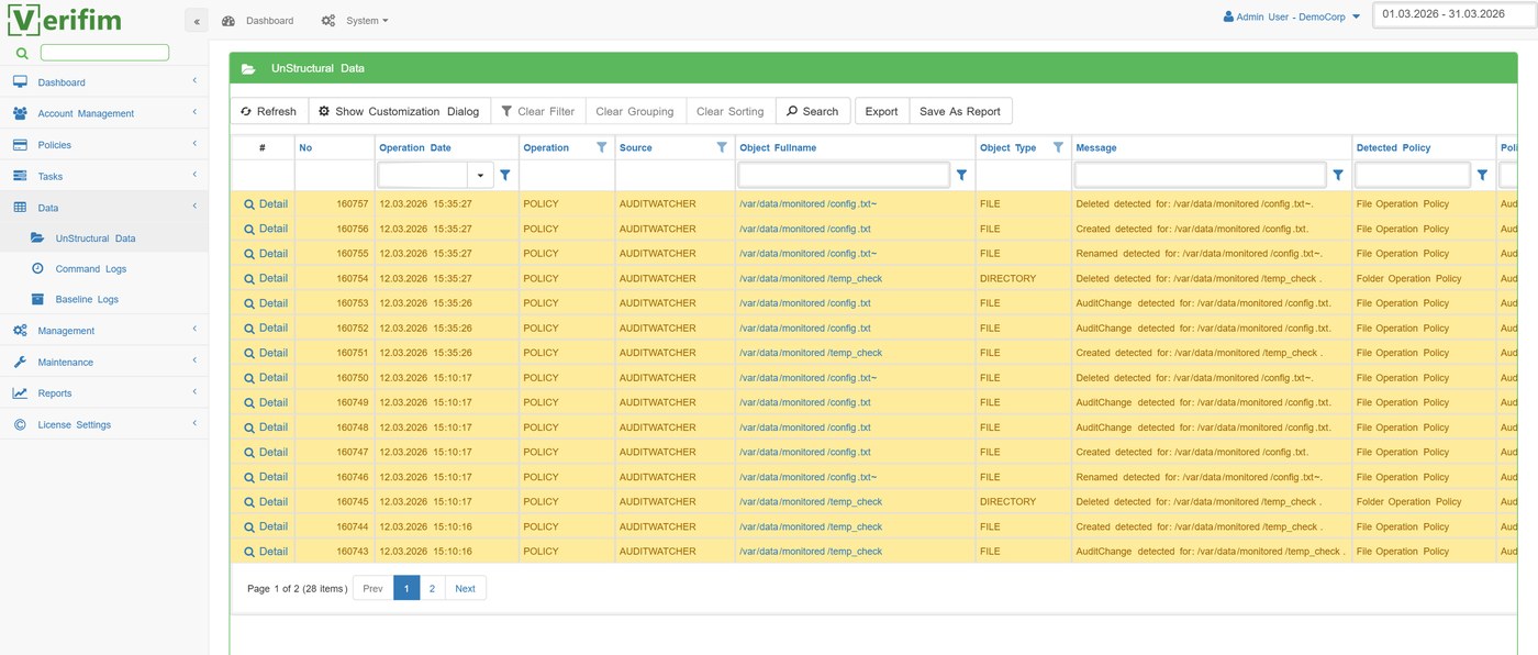 Siberson Verifim file integrity monitoring — file change events with user and timestamp