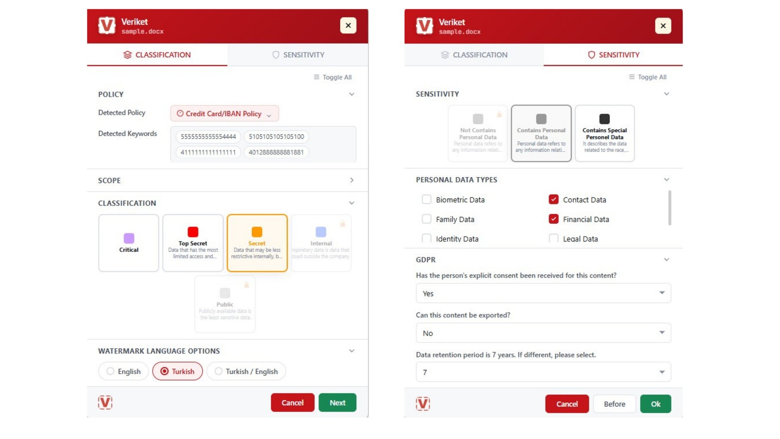 Siberson Veriket classification and sensitivity dialog with rules and personal-data categories