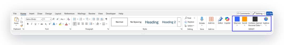 Veriket classification buttons in the Microsoft Office ribbon