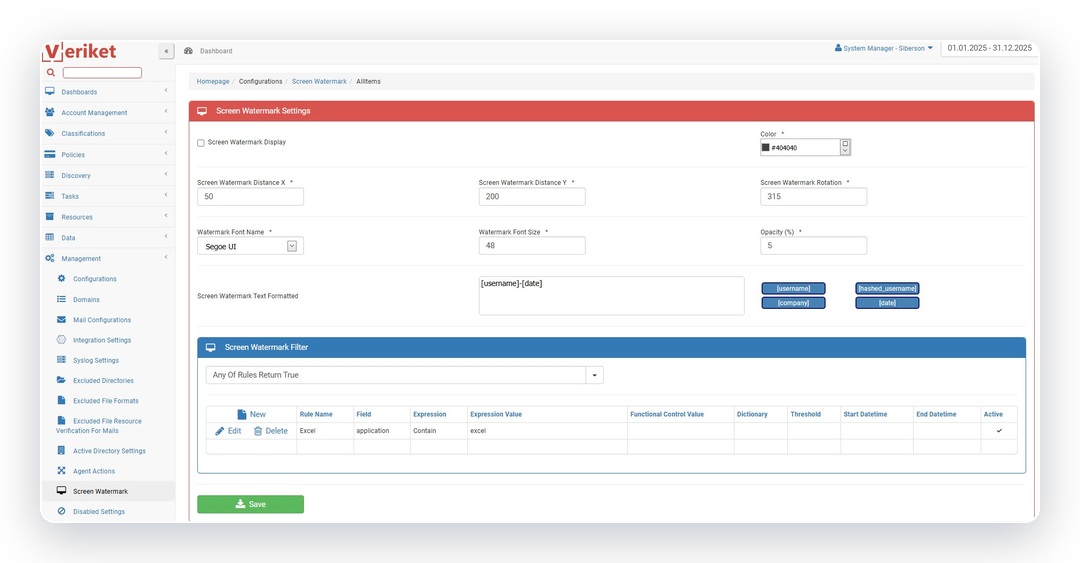 Veriket screen watermark configuration