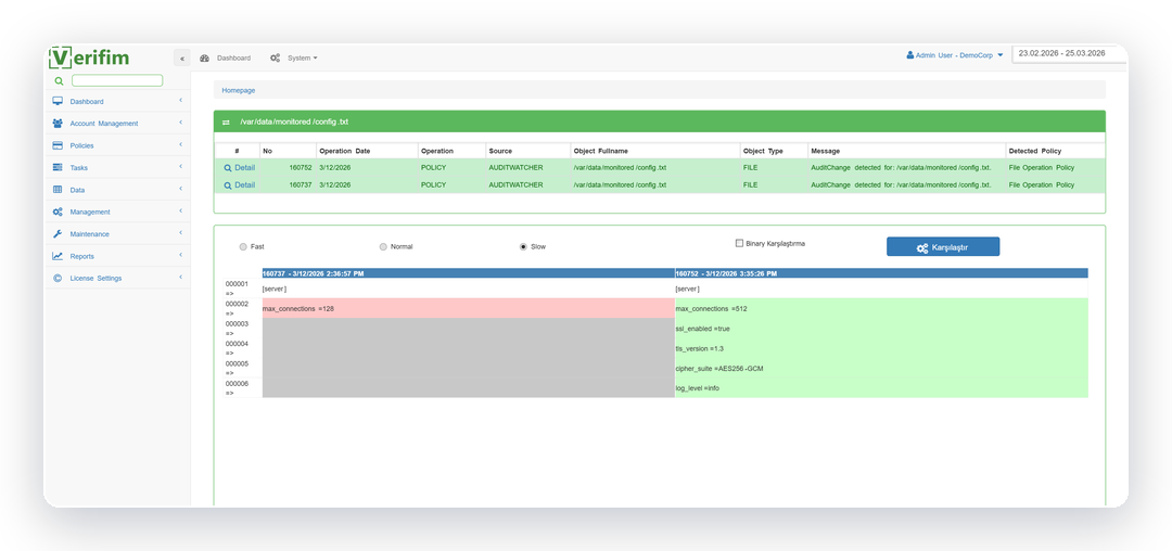 Verifim file comparison showing line-by-line changes to a configuration file