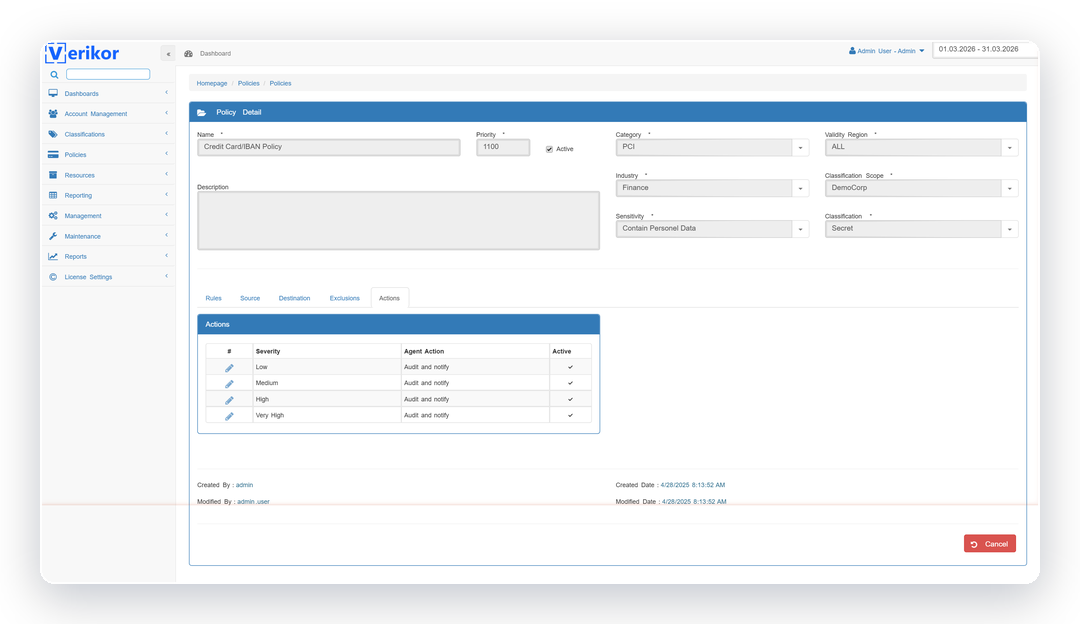 Verikor DLP enforcement actions per severity level