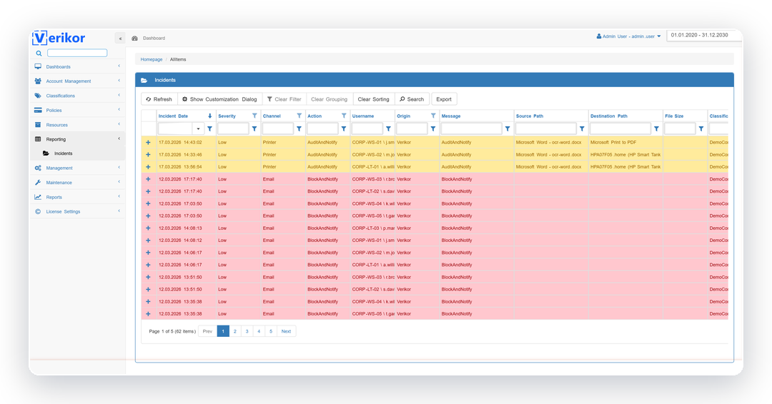 Verikor DLP incidents report with channel, action, user, source and destination path