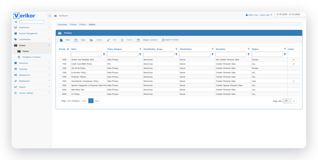 Verikor DLP policy library including PCI, KVKK, IP and financial policies