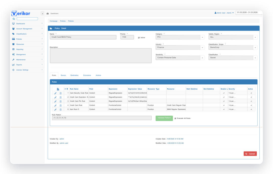 Verikor DLP detection rules for cards, IBAN and PII