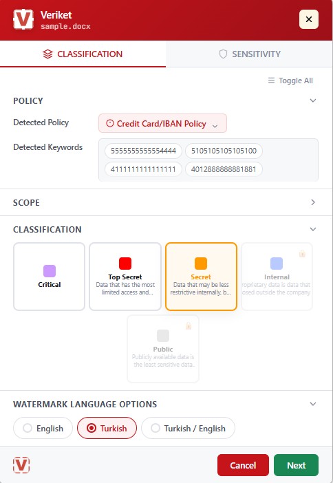 The classification dialog — detected policy and content, level selection