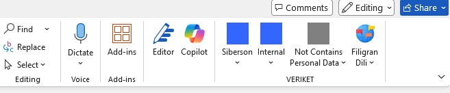 Veriket lives in the Word ribbon — labelling happens inside the document