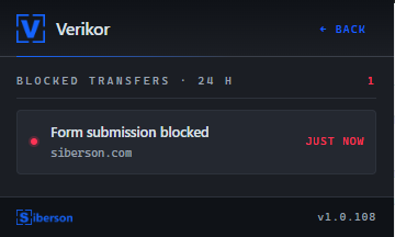 Verikor blocked-transfers log listing blocked uploads and form submissions by site