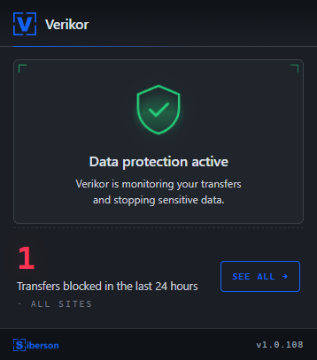 Verikor endpoint agent showing data protection active and 24-hour blocked count