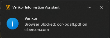 Verikor desktop notification that a browser transfer was blocked