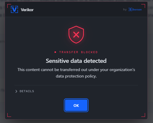 Verikor blocking a transfer after detecting sensitive data