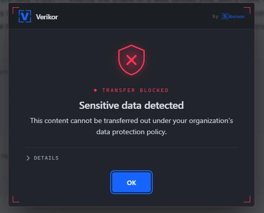 Verikor DLP blocking a sensitive web upload in real time